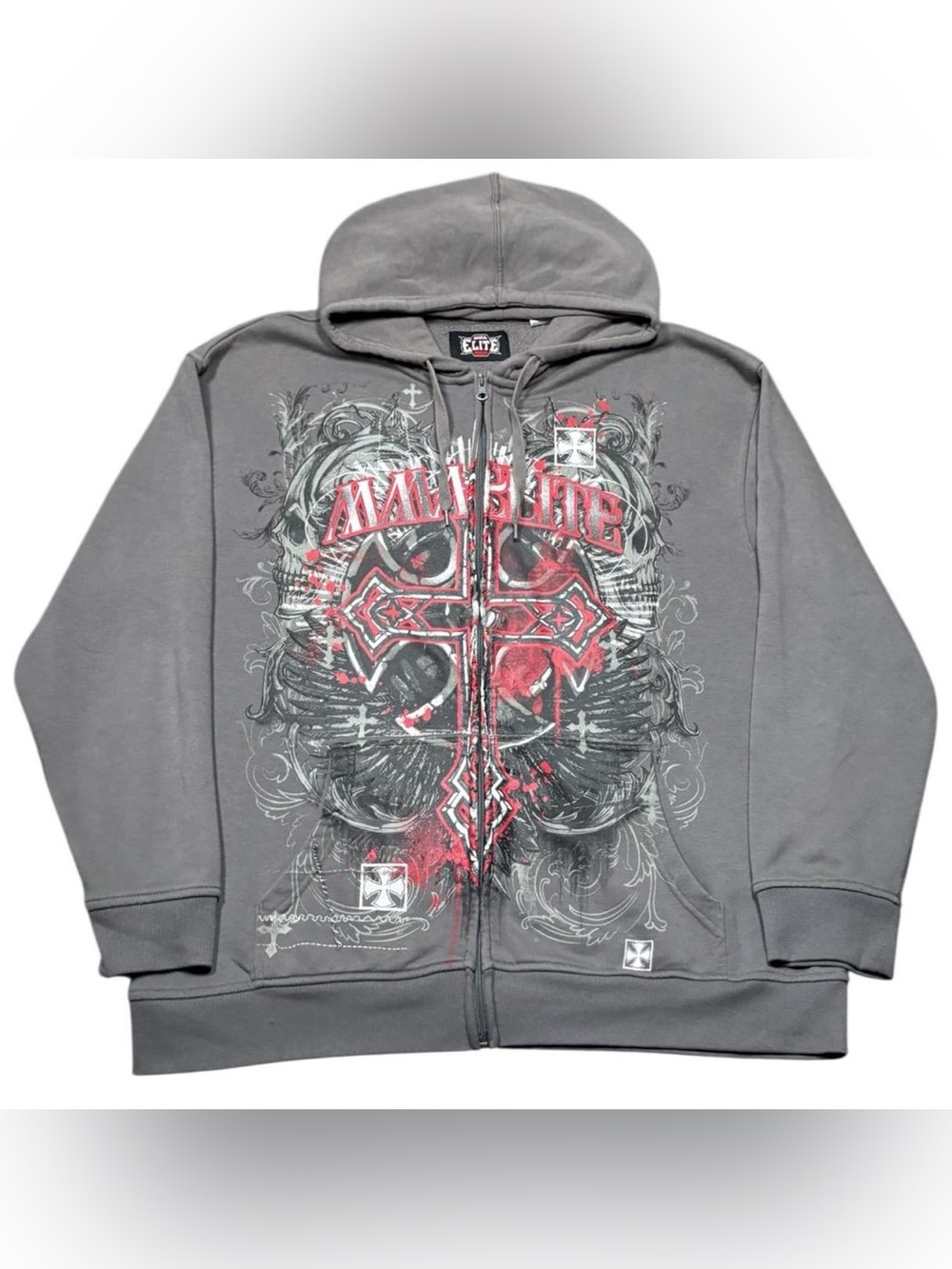 Vintage Y2K MMA Elite Skull Crosses Affliction Style Zip Hoodie Sweatshirt